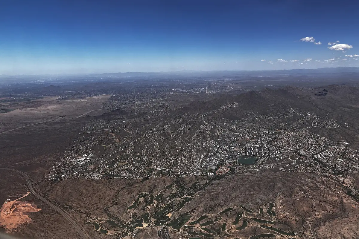Aerial view of Fountain Hills and its desert foothill setting