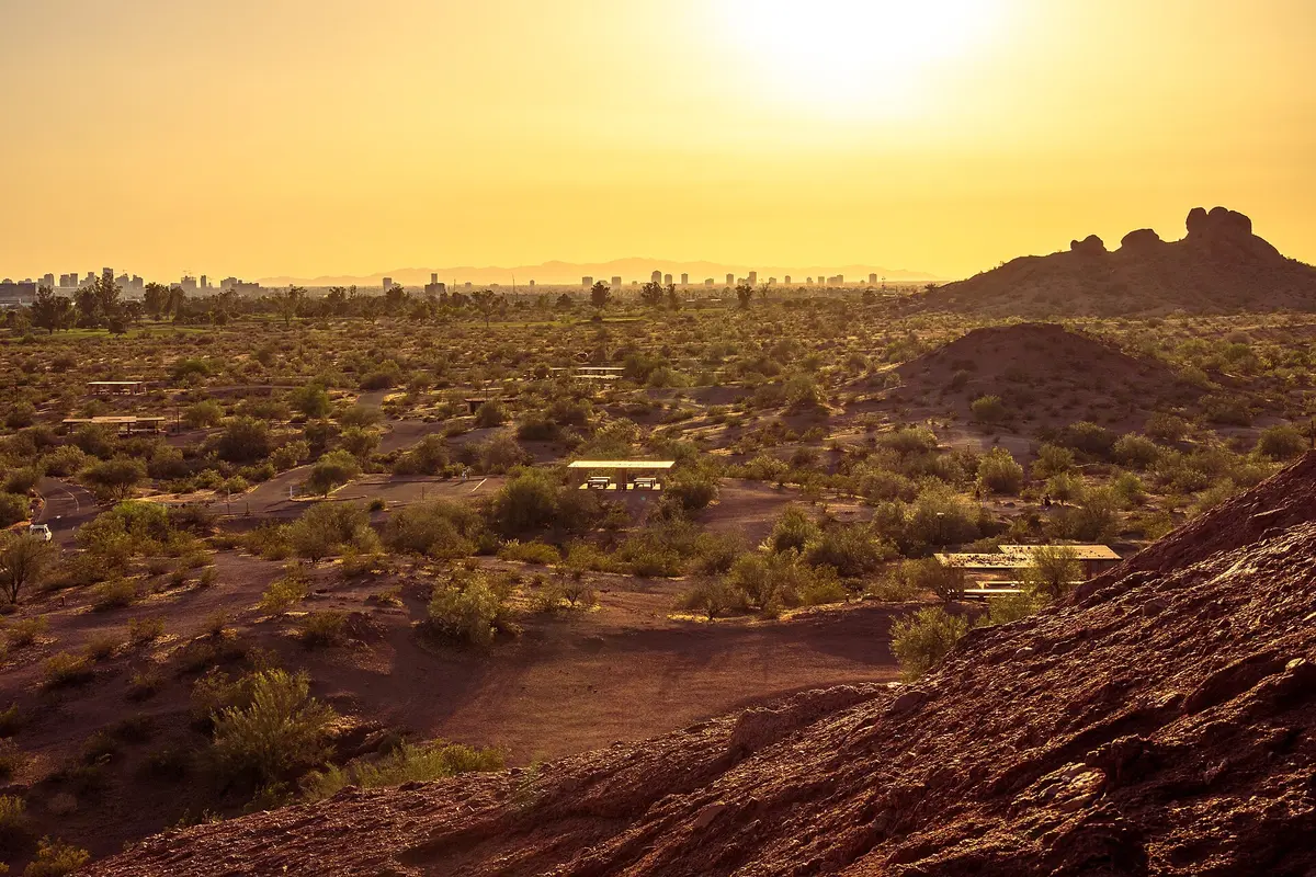Red sandstone buttes and trails in Papago Park