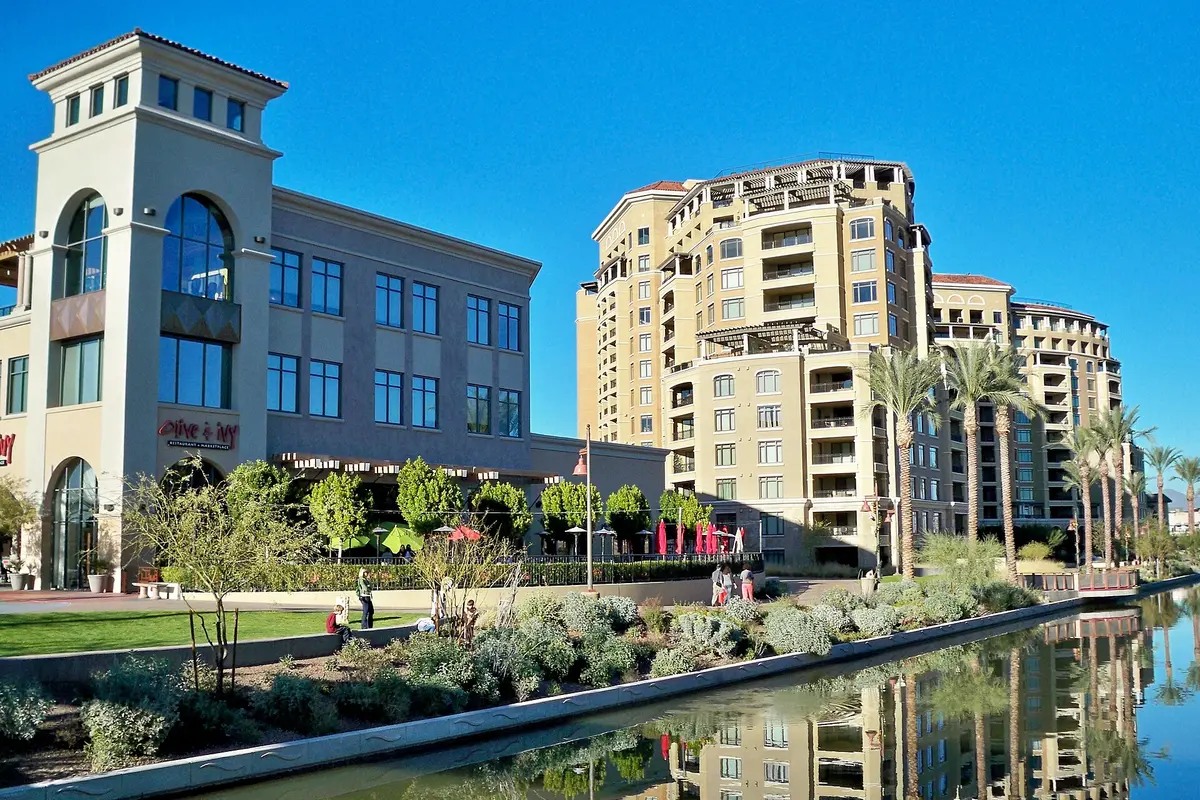 Scottsdale Waterfront, canal path, and surrounding cityscape