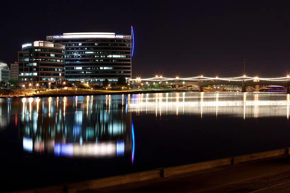 Tempe Town Lake, public path, and surrounding skyline